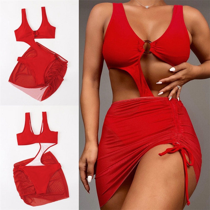 New Style Hollow OnePiece TwoPiece Swimsuit Sexy Bikini Ladies Beach Red Slimmer Look Shopee