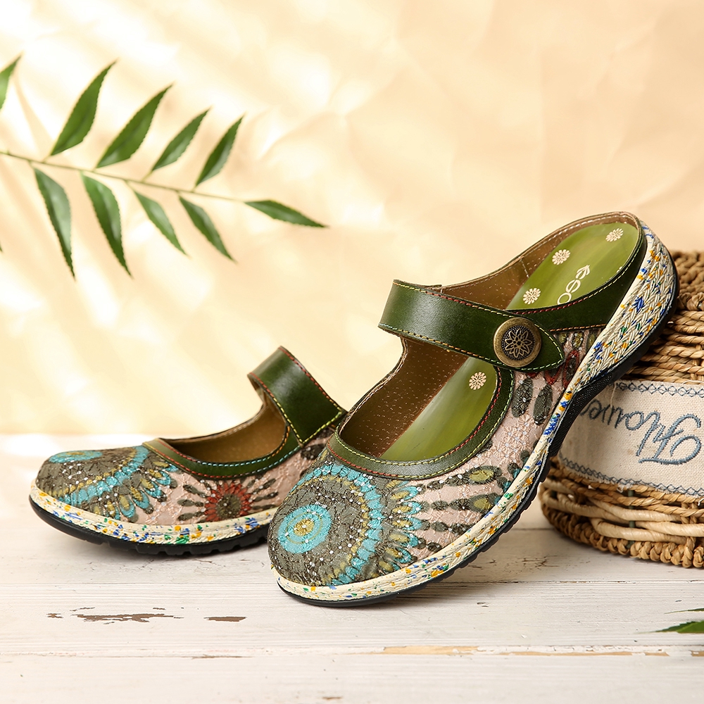 socofy vintage leather flower shoes