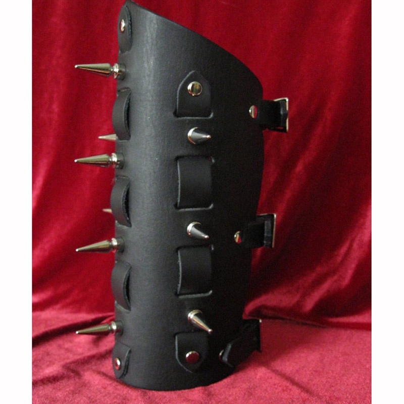 Mens Leather Woven Spiked Arm Bracer Black Vambraces Gauntlet With