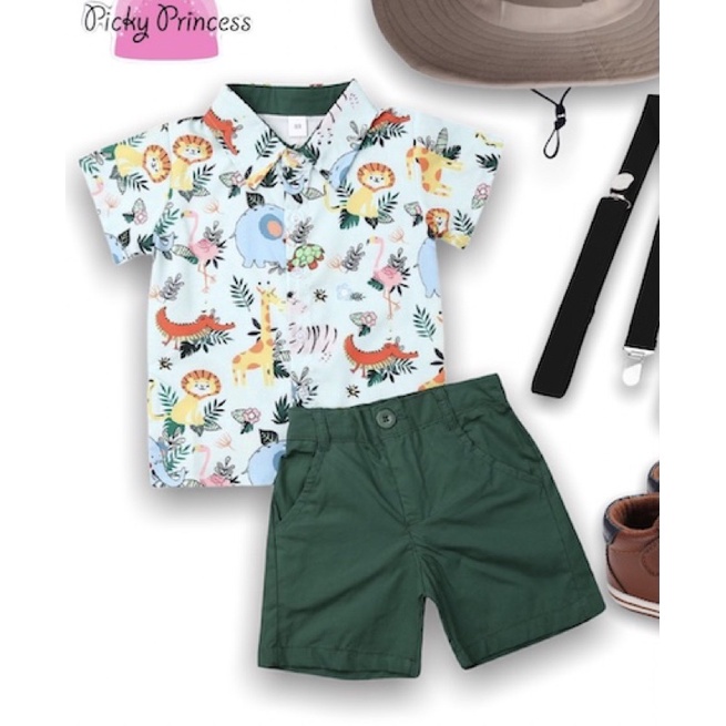 ℡jungle safari birthday outfit cowboy animal dinosaur theme  boys green polo shirt forest zookeepe #7