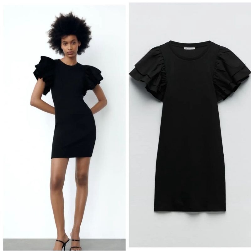 Zara Ribbed Dress With Ruffle Sleeve Shopee Philippines