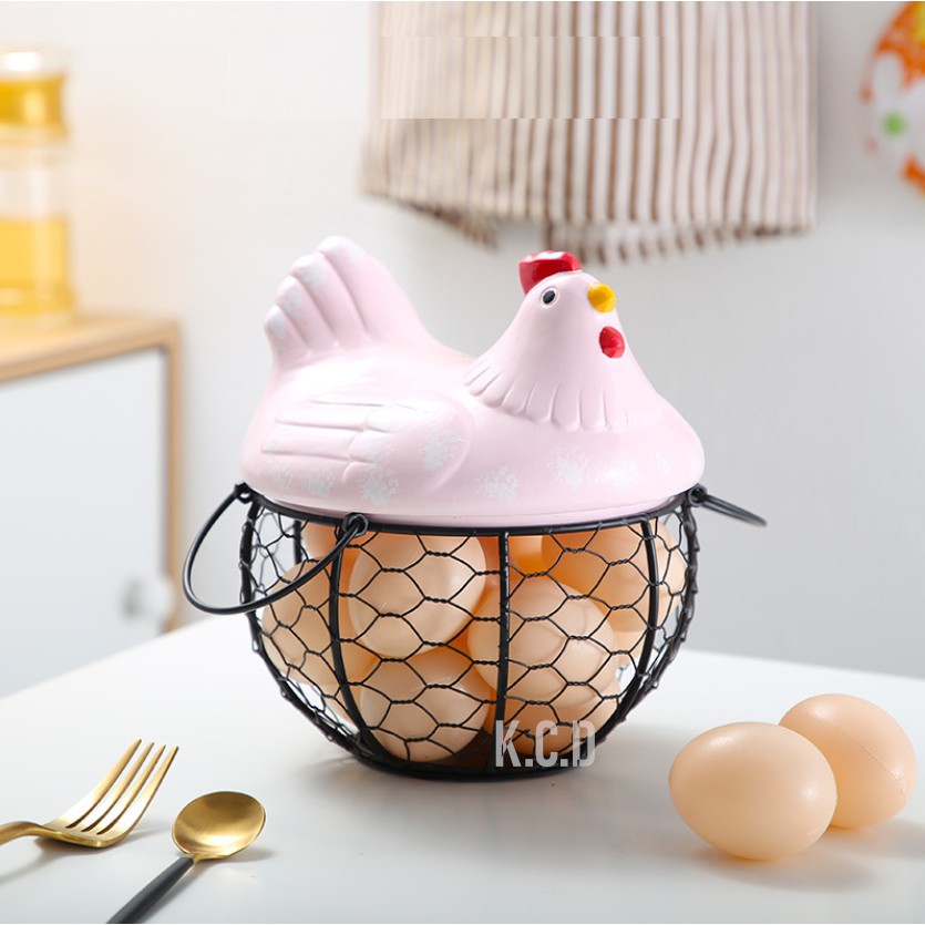 Kitchen Storage Metal Wire Egg Basket with Ceramic Farm Chicken Cover Egg Holder/Organizer Case/Container 
