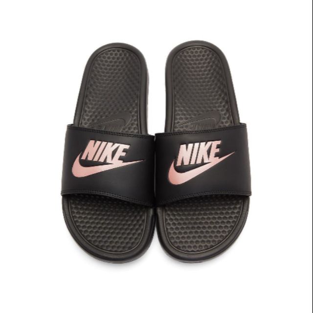 black and rose gold nike slides