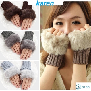 KAREN Women Girls Faux Rabbit Hair Gloves Keep Finger Warm Knitted Gloves Warm Mittens Elastic Half Finger Winter Fashion Thicken Warm/Multicolor