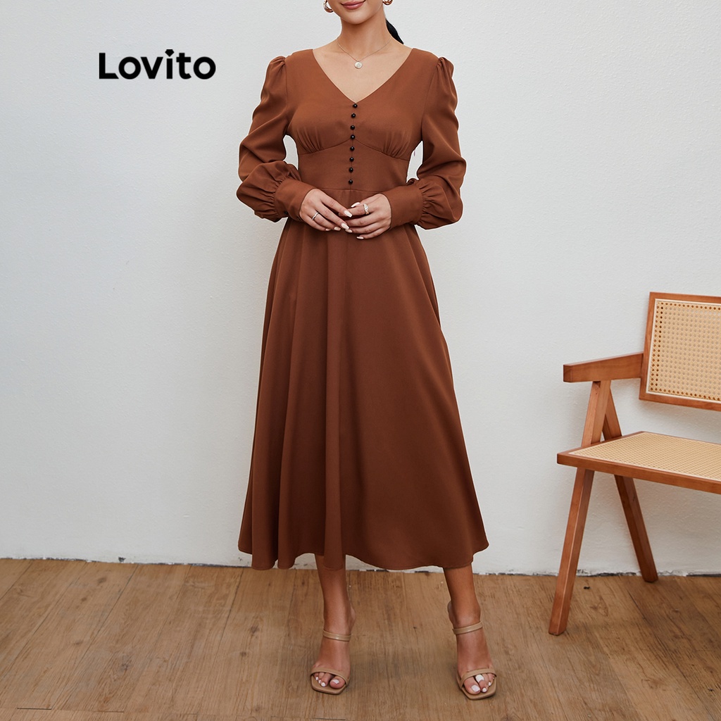 Lovito Plain V Neck Long Sleeve Ball Gown Dress L20D062 (Brown