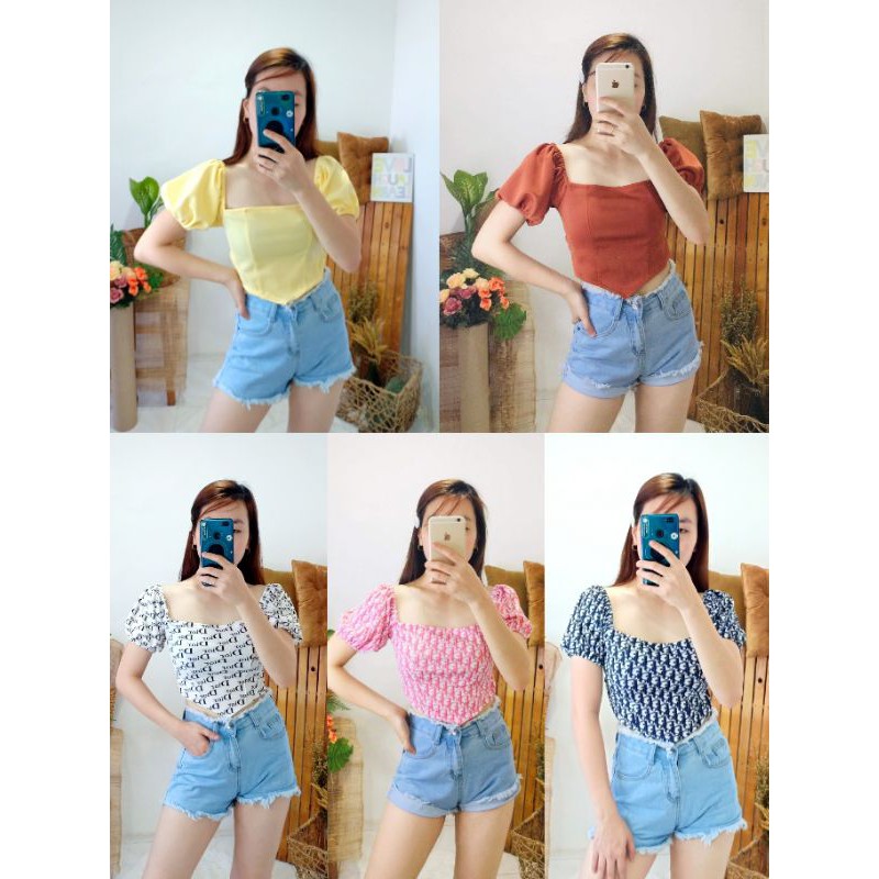 CORSET PUFFED SLEEVES CROP TOP (PRINTED AND PLAIN) | Shopee Philippines