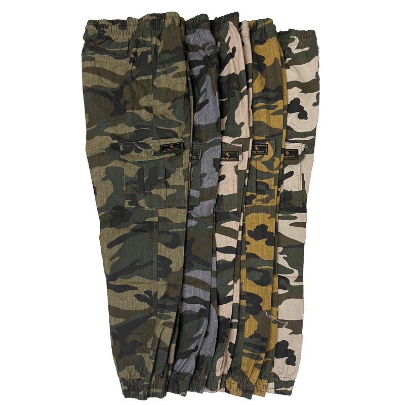 camo pants with red and blue stripe