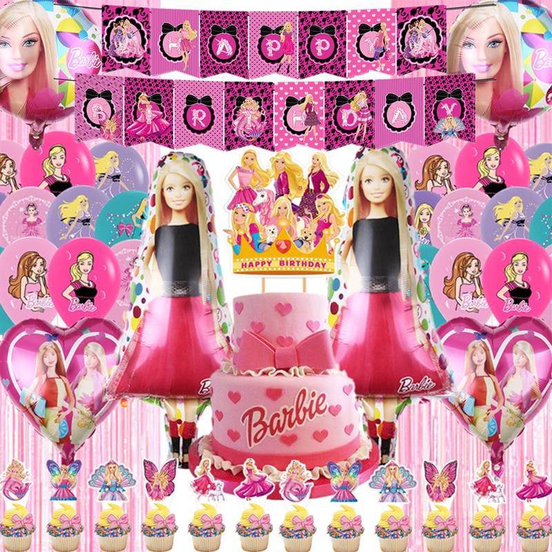 New Fairy Pink Barbie Princess Party Decoration Balloons Happy Birthday ...