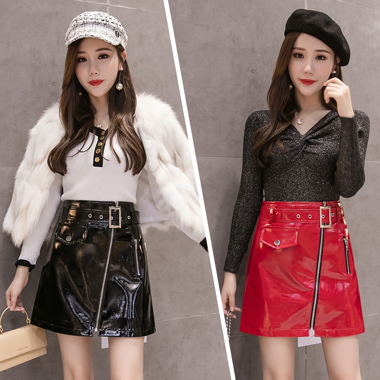 high waist patent leather skirt