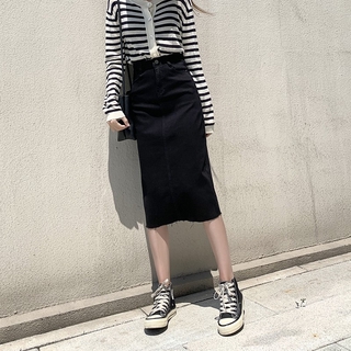 black denim skirt mid length