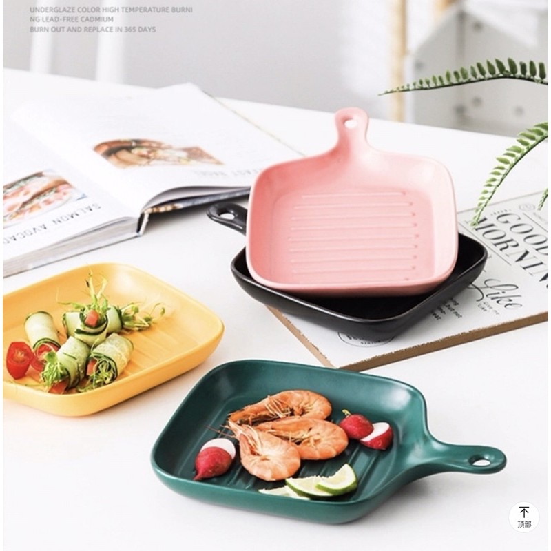 Stylish ceramic nordic square skillet serving dinning plate with handle ...