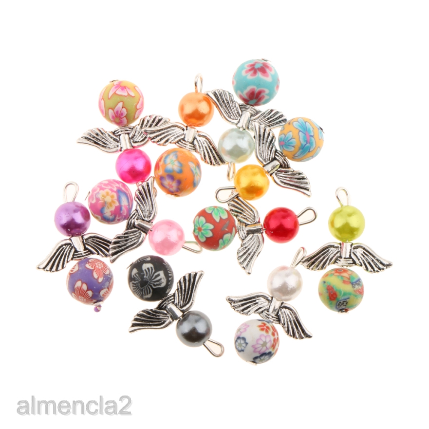20 Polymer Clay Pearl Beaded Angel Wing Charms Pendants DIY Jewelry Findings