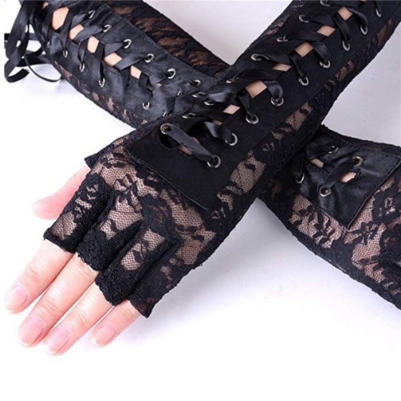 Girls Steampunk Black Lace Fingerless Gloves 