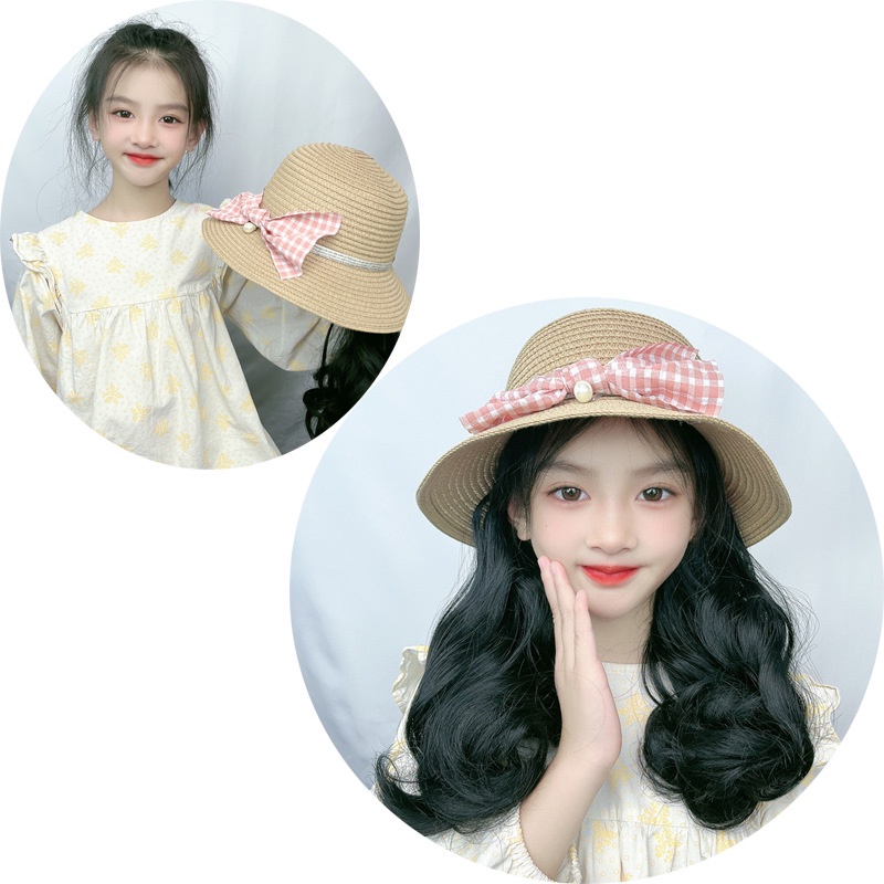 Cute Curly Wig For Kids Girls Children shade the sun Hat With Wig For