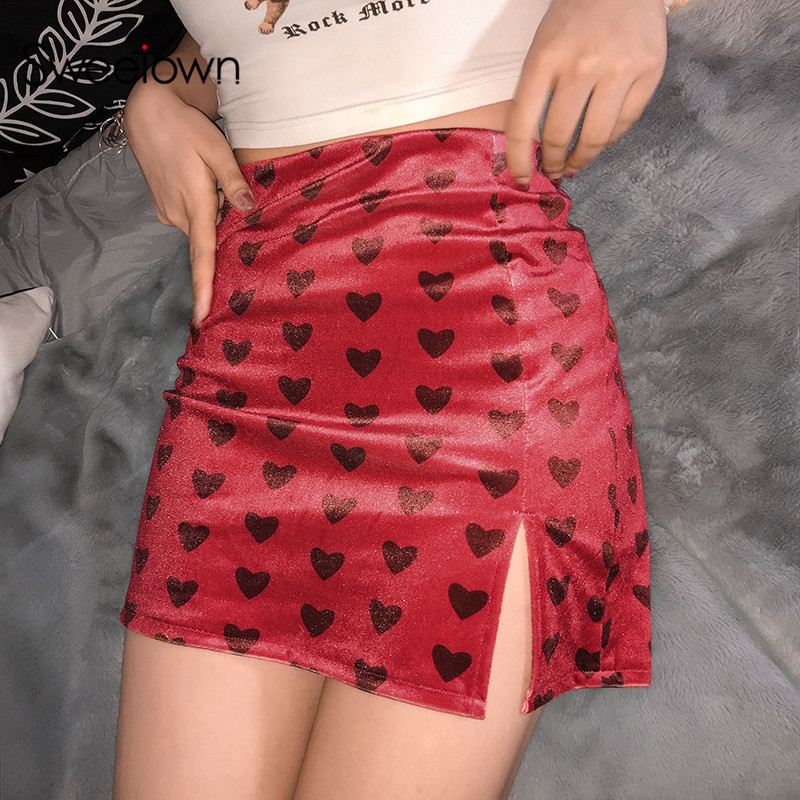 Sweetown Red Velvet High Waist Skirt Streetwear Heart Print Zipper Cute Skirts  Womens Preppy Style A-Line Mini Skirt Harajuku | Shopee Philippines