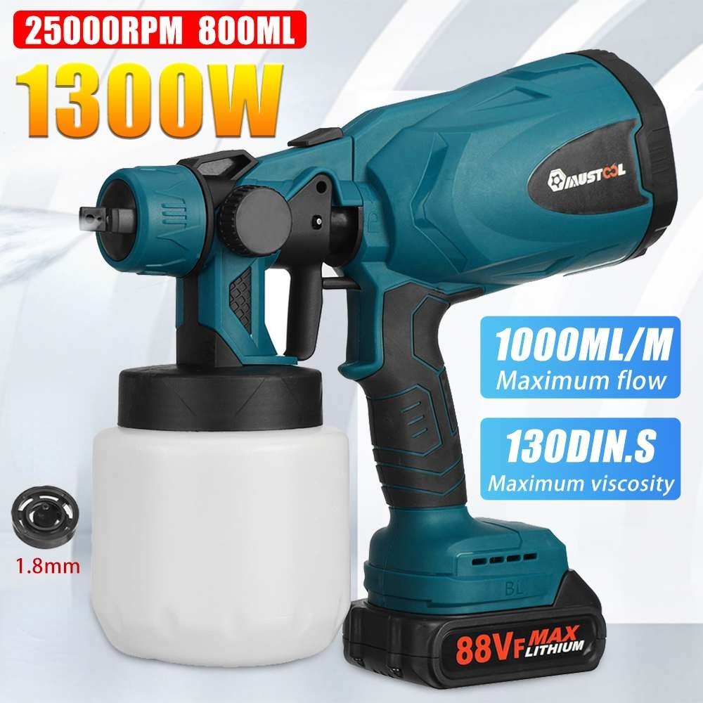 1300W Cordless Electric Spray Gun HighPower Paint Sprayer Flow Control Airbrush with 3 Nozzle
