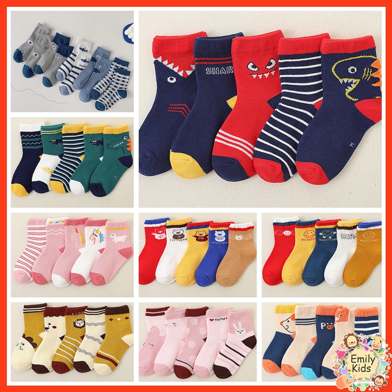 Ready Stock 5 Pairs1-12Y Cotton Baby Sock Absorb Sweat Boutique Excellent Kid Sock Girls Cute Cartoon Mid Tube Socks for Children Boy