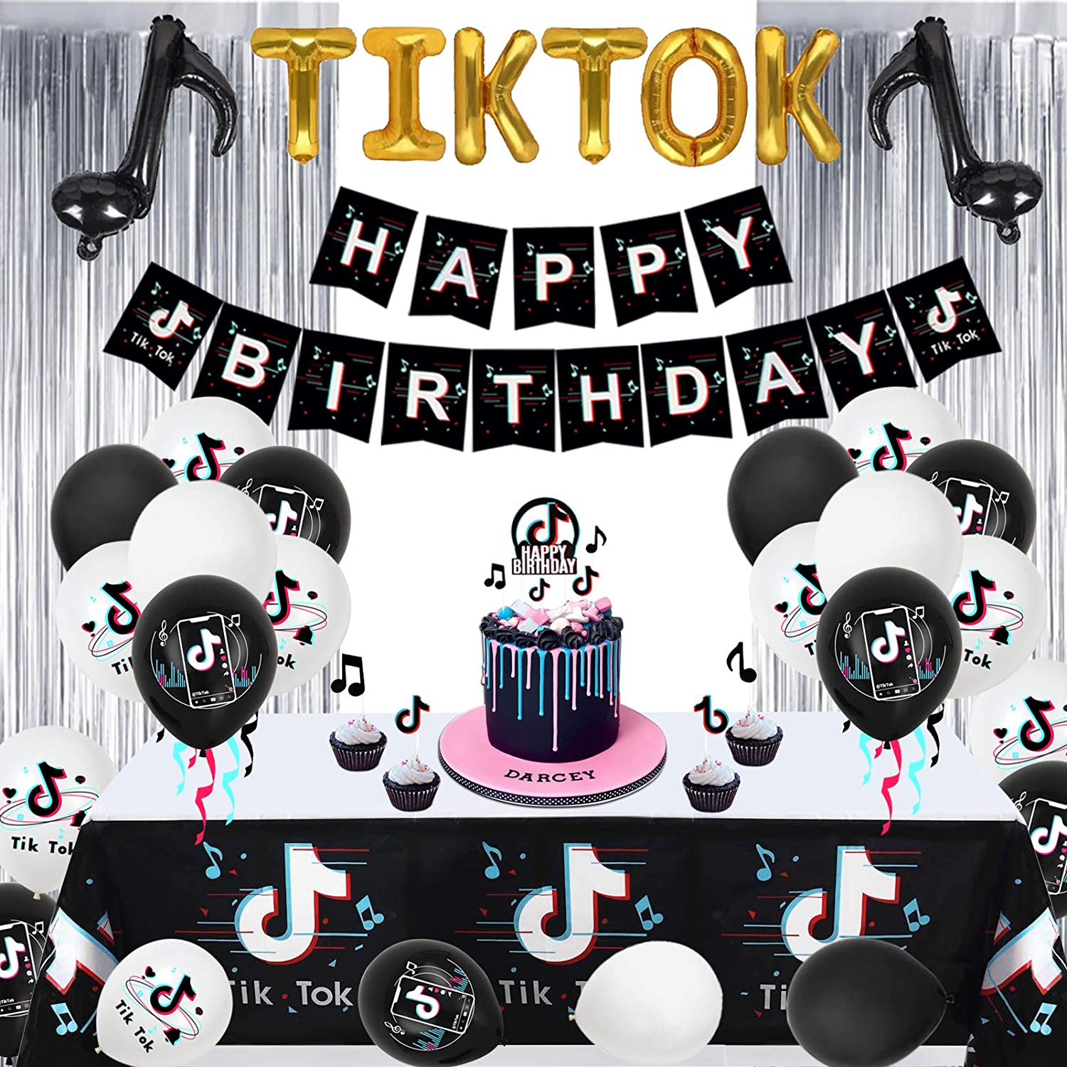 Mmtxx With Rain Curtain Balloons Birthday Party Decorations Tiktok Balloon Tiktok Birthday Banner Balloons And Cake Topper For Girl And Boy Music Karaoke Music Note Balloons For Girls Boys Adults Musical Dj Tiktok Short