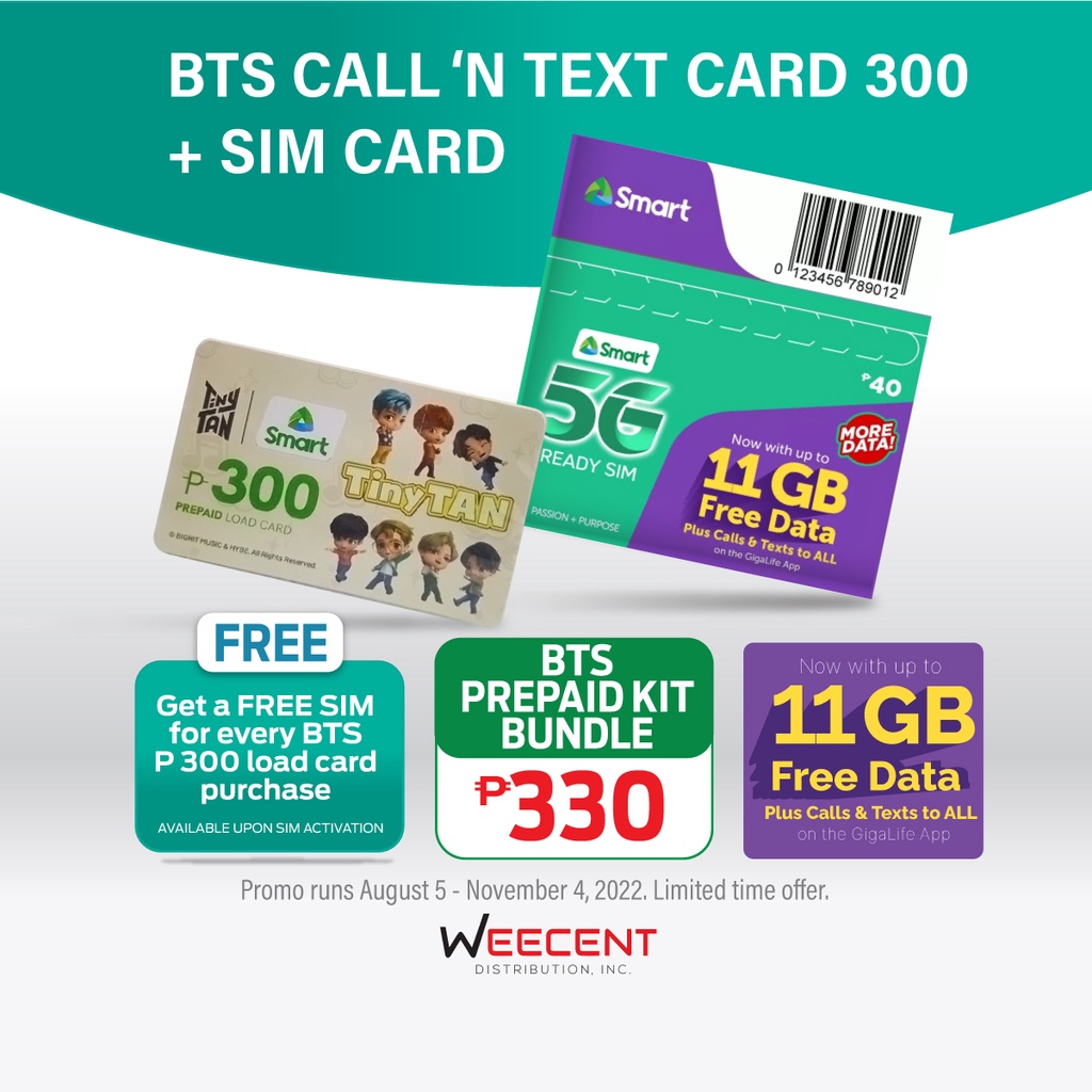 Smart BTS Call 'N Text Card 300 + Smart Sim Card Bundle Promo Shopee
