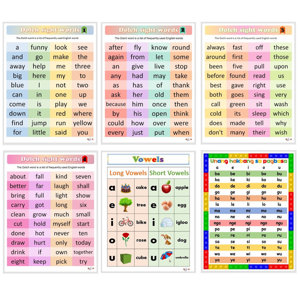 Laminated Charts for kids, Set E Bundle 6 Pcs. (Sight Words 1-4, Vowels ...