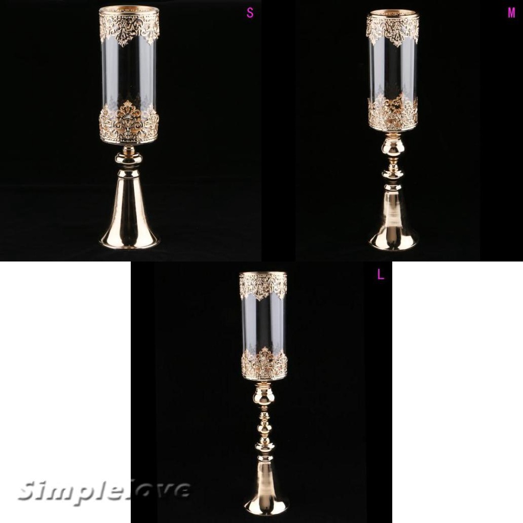 Antique Gold Metal Pedestal Candle Holder with Glass Hurricane Vase