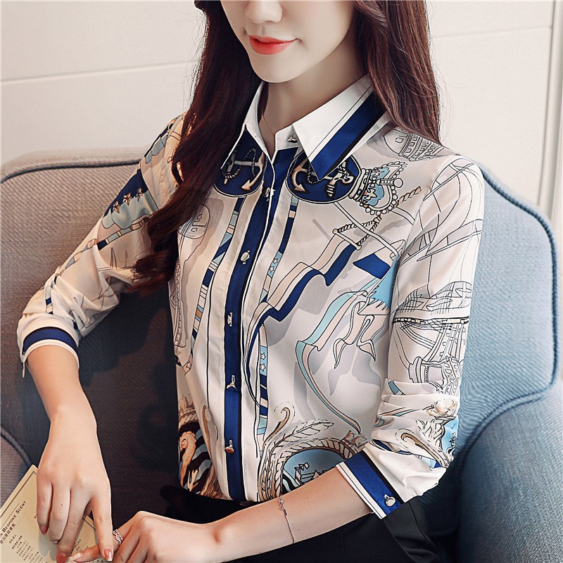 Long Sleeve Print Chiffon Blouse Shirt Women Tops Blouses Shirts