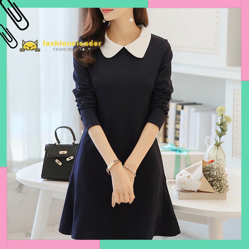 Fsm Women A Line One Piece Frock Long Sleeve Peter Pan Collar Korean Slim Prom Dress Shopee Philippines