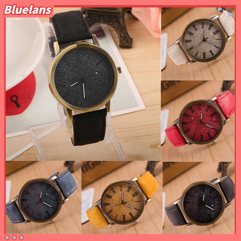 【Bluelans】Retro Women Men Casual Roman Numeral Dial Denim Fabric Analog Quartz Wrist Watch