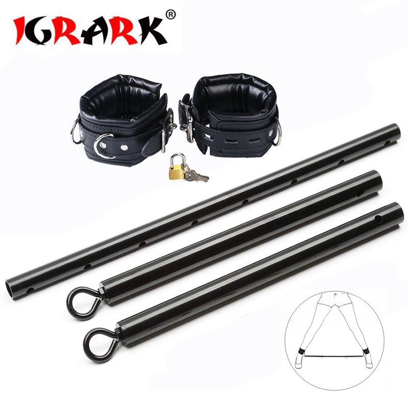 ۩ↂExpandable Metal Spreader Bar with Lock Catch Leather Handcuffs Ankle Bondage Sex Toy Open Leg Sp