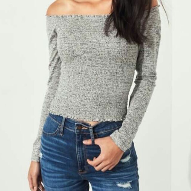 hollister smocked off the shoulder crop top