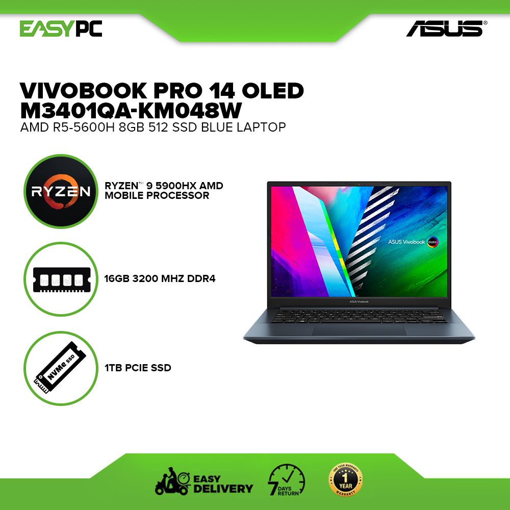 Asus Vivobook Pro 14 Oled M3401qa Km048w Amd R5 5600h 8gb 512 Ssd Amd Radeon Win11 Laptop Blue 6259