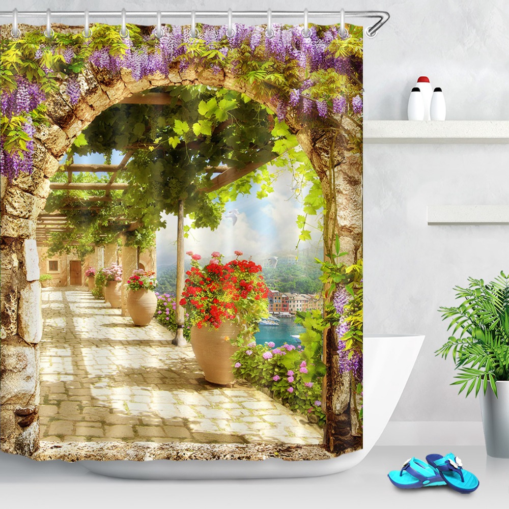 2020 Lb Digital Flowers Bridge With Arch View On The Town Scenic Shower Curtains Bathroom Curtain Waterproof Fabric For Bathtub Decor Shopee Philippines