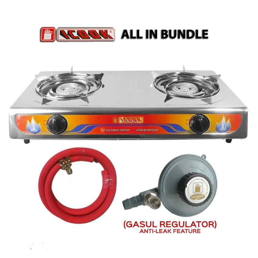 Double Burner Gas Stove With Hose And Lpg Gas Regulator Icook Ic