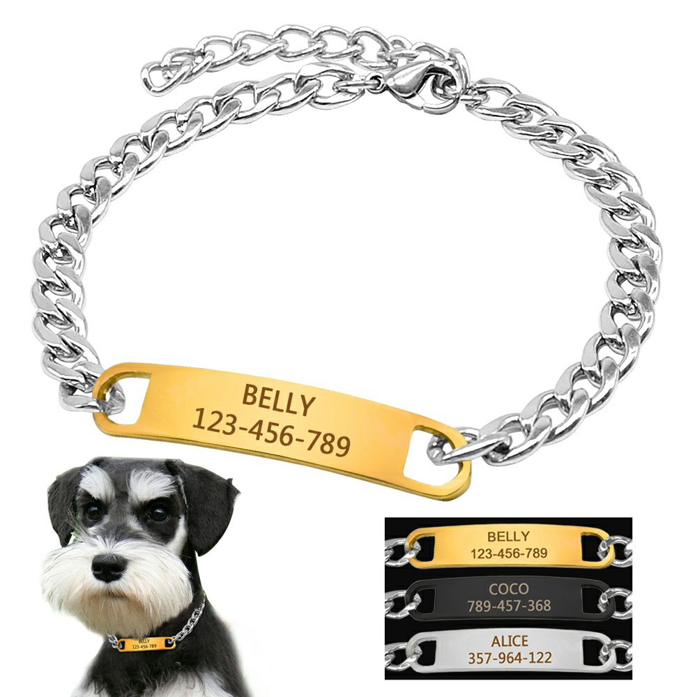 Personalized Chain Kitten Dog Collar With Engraved ID Name Tags Black