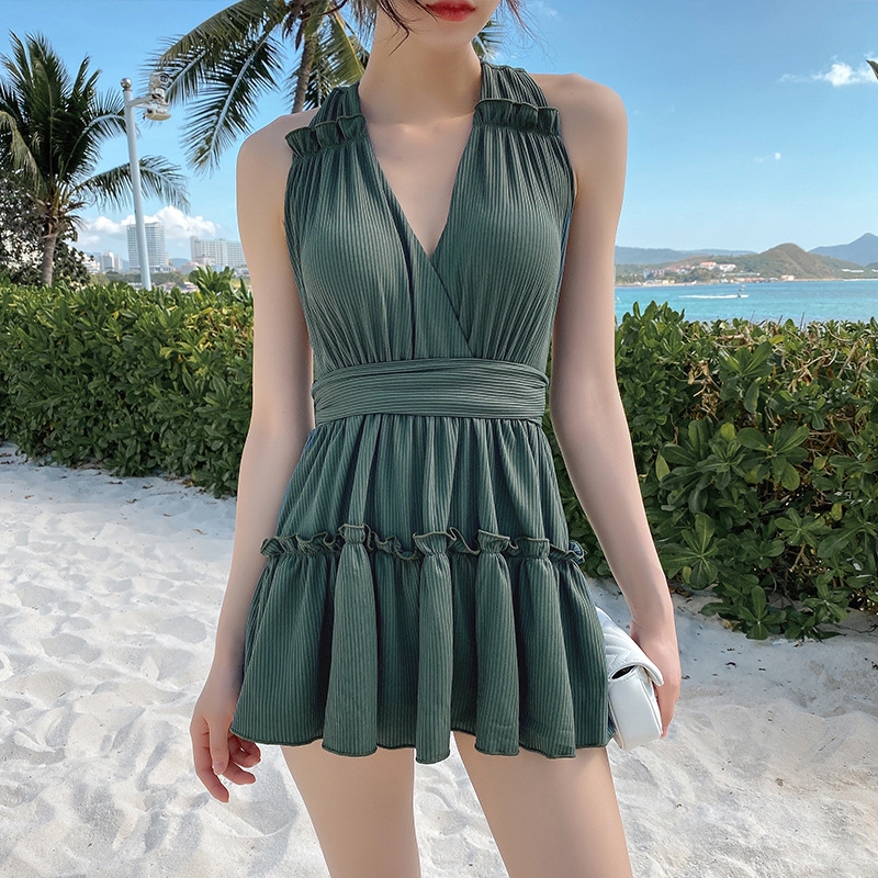 Ready Stock Swimsuit conservation female one piece green swiming dress ...