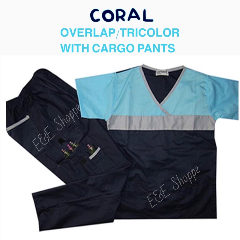 SCRUB SUIT SetUNISEX (CORAL Tricolor Overlap with cargo pants