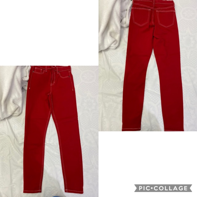 red denim pants