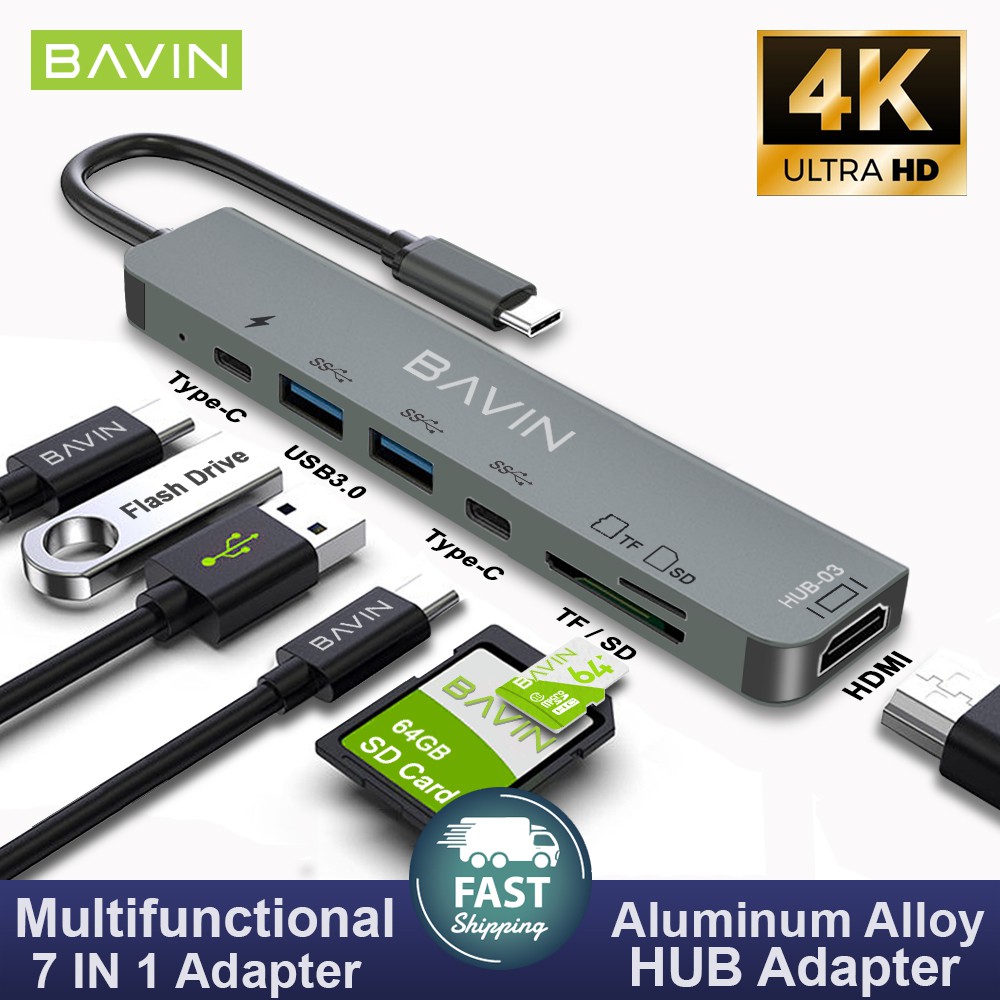 BAVIN I3 7 in 1 USBC Hub Dock Aluminum Alloy HD Dual USB 3.0 Port Adapter Multifunction HDMI