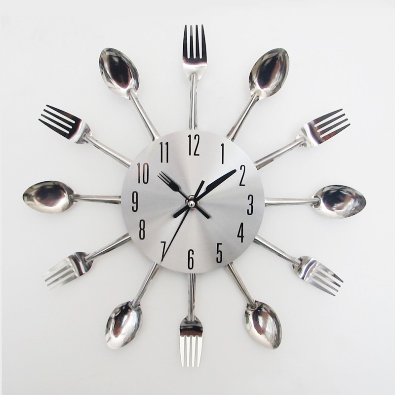 Modern Design Sliver Cutlery Kitchen Utensil Wall Clock Spoon Fork