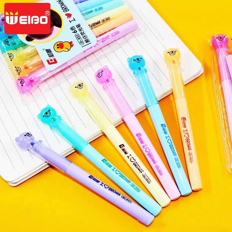 Weibo 6 In 1 Highlighter Student Cartoon Bear Pen Cap Watercolor Pen 