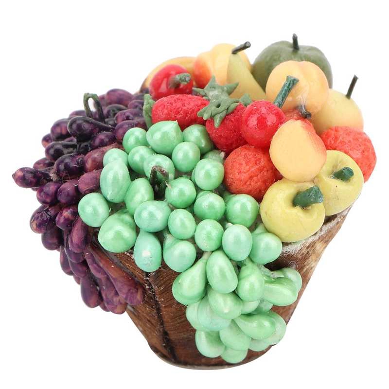 Dollhouse Miniatures Bunch of Colorful Grape in Round Bamboo Wicker Basket