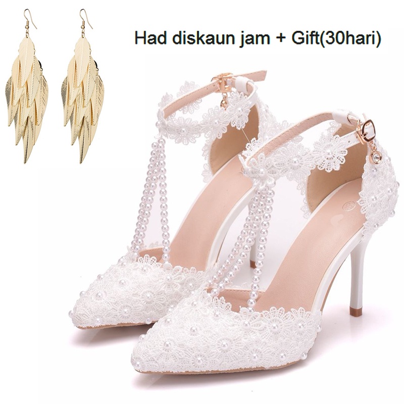 Lady White Lace flower wedding shoes one-word wrist band bride shoes ...