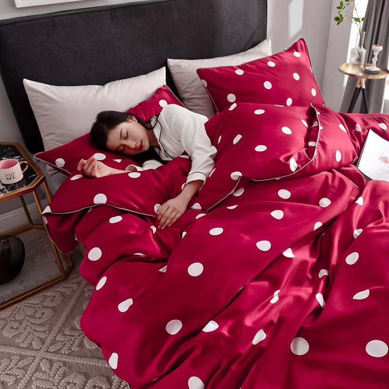 Nordic Small Fresh Polka Dot Red Tencel Bed Pack Duvet Cover
