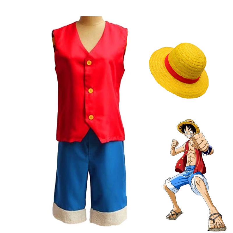 Monkey D Luffy Suit Costume Anime Cosplay Vest Pants Straw Hat Full Set ...