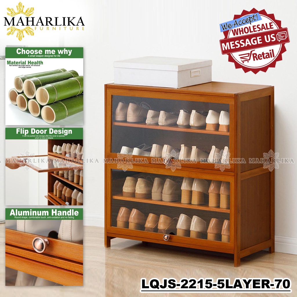 Maharlika LQJS-2215-5Layer Bamboo Bench Shoe Rack Cabinet Shoe Stool with  Acrylic Flip Door | Shopee Philippines