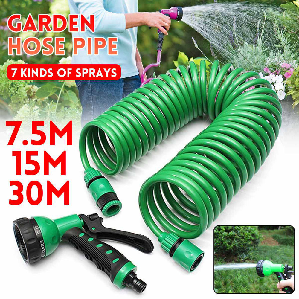 30M Garden Hose Heavy-Duty Coiled Spiral Car Washing Cleaning Water Hose Garden 