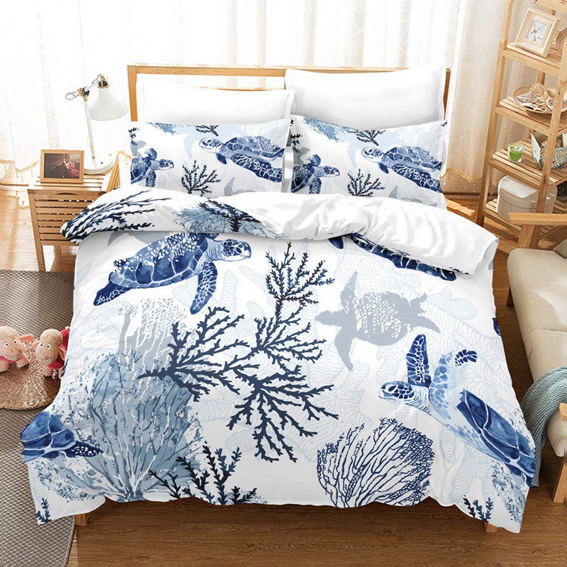 Jay Shop Blue Sea Turtle Duvet Cover Set Plants Printed Design