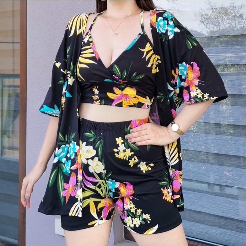 KCL ONHAND 3in1 Kimono Floral Summer Beachwear Set (Halter Top, Short ...