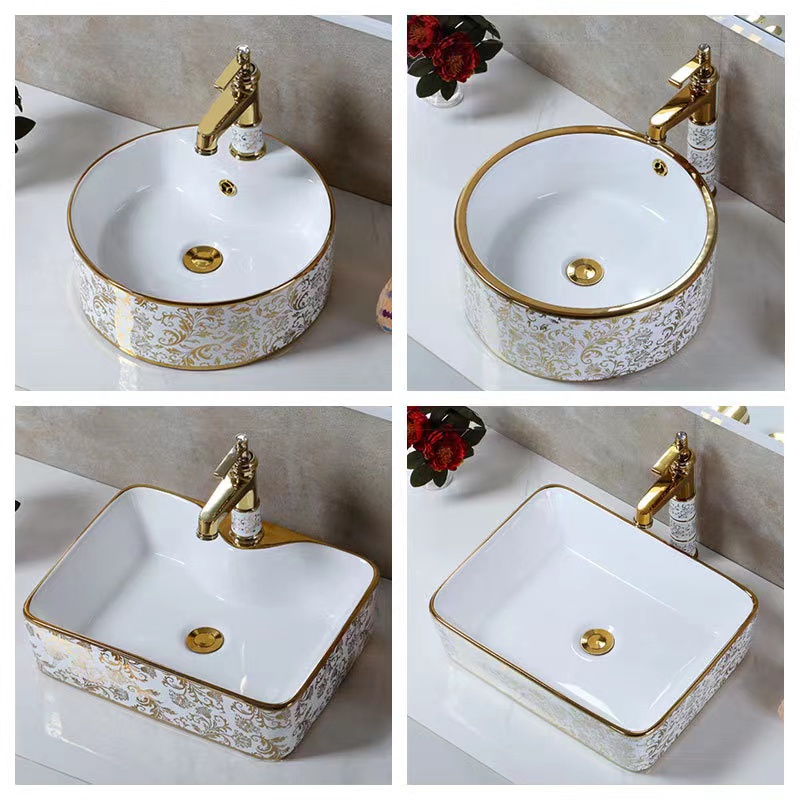 Electroplated Gold Wash Basin Ceramic Counter top Basin Lavatory Basins