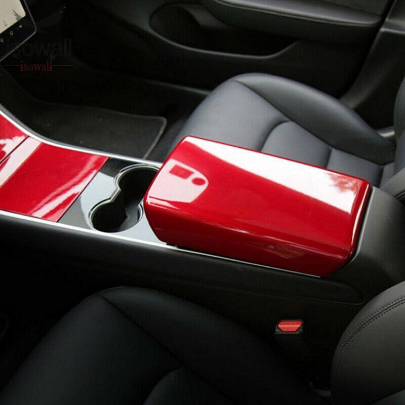 Carbon Fiber Car Auto Center Storage Replacement Parts Accessories Red Interior Armrest Cover Trim